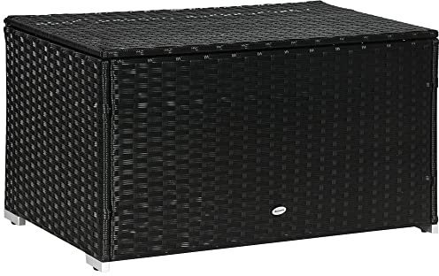 Outsunny Baule da Giardino in Rattan e Acciaio, Contenitore da Esterno con Coperchio 95x60x53cm, Nero