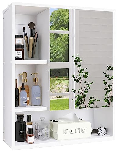 SMIBUY Gabinete de Espejo de baño montado en la Pared, botiquín de Ahorro de Espacio de bambú, gabinete de Pared sobre Inodoro con Puerta de Espejo y Estante Ajustable (Blanco)