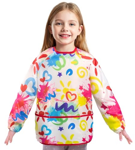 Wernnsai Kids' Art Smock - Waterproof Toddler Doodle Painting Apron with 3 Pockets