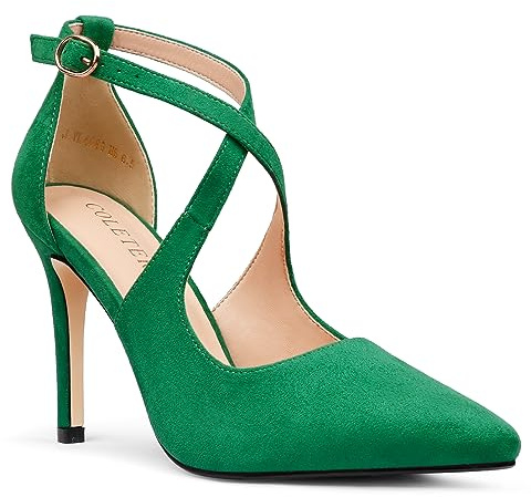 COLETER Womens 4 Pointed Toe D'Orsay Pumps Stilettos High Heel Crossed Ankle Strap Dress Shoes Green Suede 7.5US