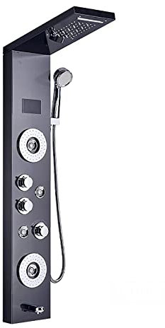 JUNNIU LED Shower Panel Tower System Digital Display Shower Column Thermostatic Shower Panel System, Shower System with Shower Head, Handheld Shower, Body Jets, Tub Spout,Black Decoration