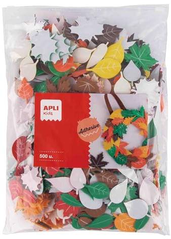 APLI Kids 19365 - Bolsa con 500 hojitas de árboles entre 3 y 5 cm, de goma EVA adhesiva en colores surtidos, material manualidades