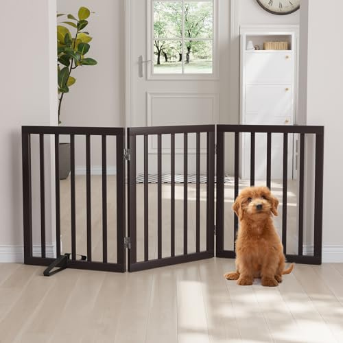 Semiocthome hundgrindar och barriärer inomhus, fristående valpgrindar för huset med 2 metallställ, 60 cm (H) hopfällbar husdjursgrind för trappor, dörröppningen expanderar upp till 140 cm – espresso