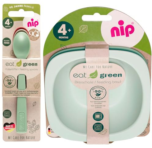 NIP Eat Green Geschirrset ab 4. Monat, 2 Breischale + 3 Eat Green öko bio Babylöffel, Made in Germany, Top Qualität Melamin frei, BPA frei, Spülmaschinenfest, geeignet für die Mikrowelle