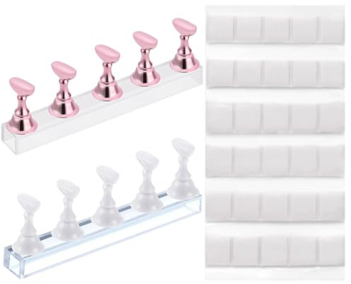 WeddHuis 2 Set Supporti per Unghie in Acrilico Magnetici per Pratica Nail Art, Porta Tip per Allenamento e Display Unghie Finte, Strumento per Manicure (Bianco e Oro Rosa)