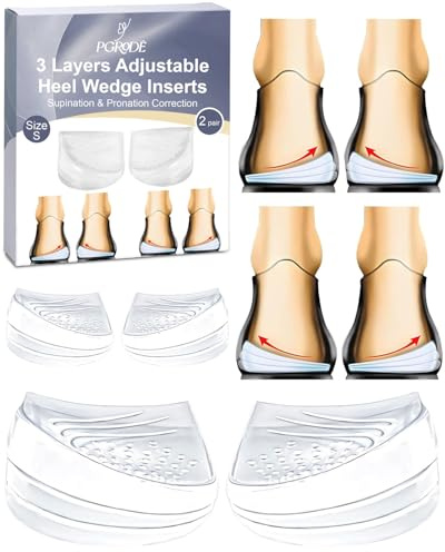 PGRODE 2 Pairs Foot Supination Correction Insoles, 3 Layers Adjustable Silicone Medial Lateral Heel Wedge, Over-Pronation Corrective Inserts for Women Men Feet Alignment, Bow Legs, Knee Pain (S)