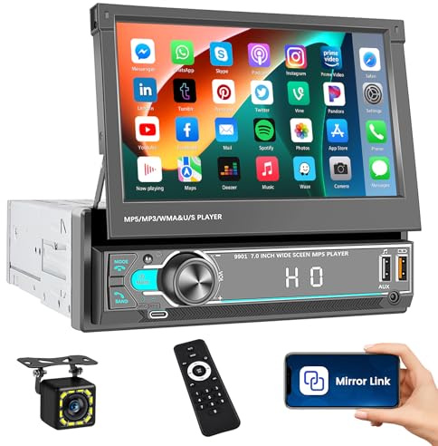 Inefala 1 DIN bilradio med popup-skärm, 7 tum pekskärm bil bluetooth stereo med spegellänk radio FM EQ 2USB+Type-C AUX SWC + retrocamera+fjärrkontroll