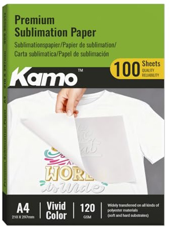 Kamo Carta per sublimazione A4, 210 x 297 mm, 100 fogli, 120 g/m², per cotone, T-shirt, tazze e vetro, compatibile con stampanti per sublimazione EPSON, SAWGRASS, RICOH, BROTHER