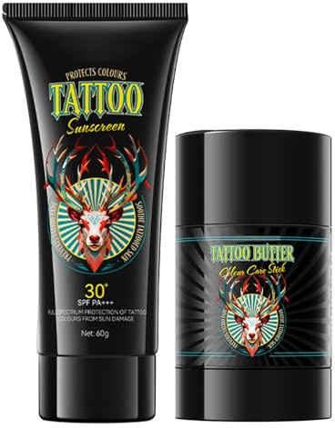 Tattoo Aftercare smörbalm, tatuering solkräm SPF 30, tatueringskräm – närande kräm för UVA/UVB solskydd, stärker tatueringsfärger, skyddar nya tatueringar