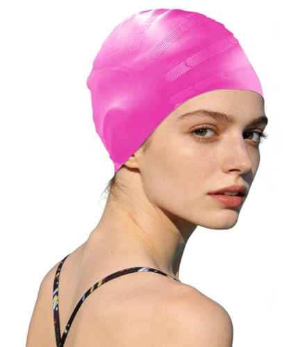 Cuffia da bagno, protezione per le orecchie, 3D, cuffia da bagno per donne e uomini, in silicone, impermeabile, per nuoto per capelli corti/lunghi, per adulti e giovani (rosa)