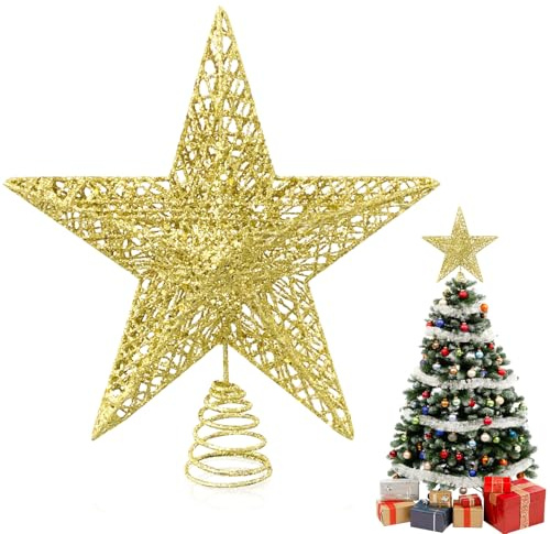 Jiaoshou Pan Estrella Dorado en La Copa del Árbol, Punta de Árbol de Navidad Dorada Apto Decoración Navidad Adecuados (25 cm)