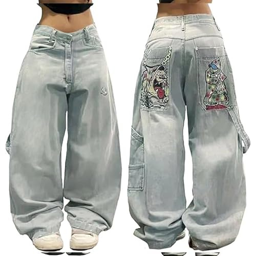 Cargo jeans kvinnor säckiga, damer stretchjeans, mode tryckta denimbyxor, casual Y2K goth street tunna byxor baggy vintage vida ben byxa med fickor retro tvättade utsvängda byxor
