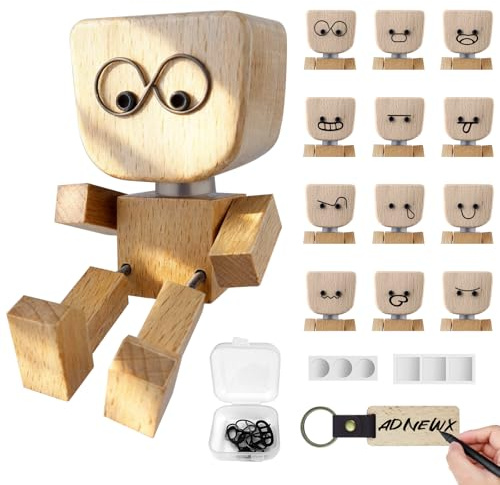 ADNEWX Statuetta oscillante in legno, fatta a mano, con 12 espressioni magnetiche del viso e portachiavi in legno per casa, decorazione auto, regali creativi