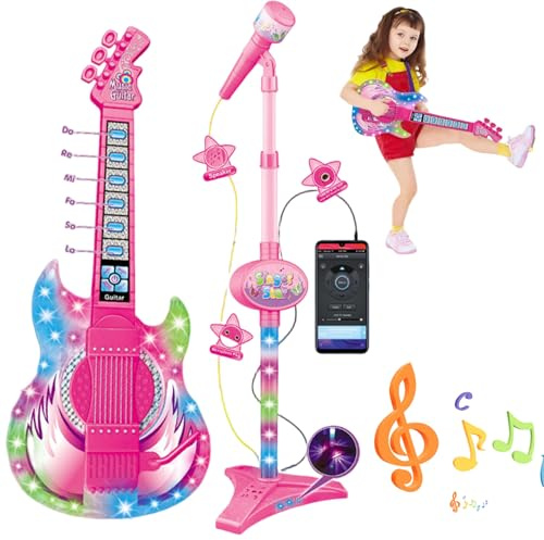 Suxdlan Chitarra e Microfono per Bambini, Chitarra Giocattolo con Musica e Luce Microfono per Bambini 2 in 1 Regolabile in Altezza con Supporto Strumenti Giocattolo per l'apprendimento