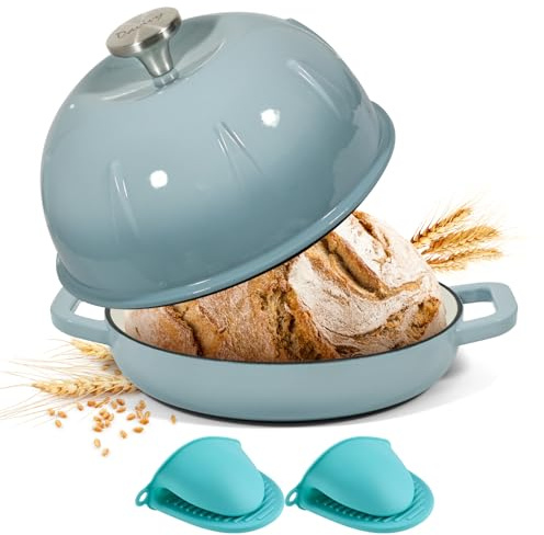 Davivy Forno olandese in ghisa smaltata da 5 l, per pane a lievitazione naturale, pentola olandese con coperchio a cupola, pentola per pane in ghisa, con impugnatura in silicone, blu sale marino