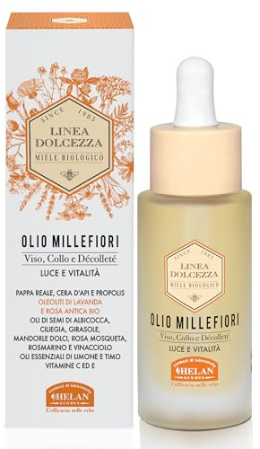 Helan Linea Dolcezza - Olio Viso, Collo e Décolleté Millefiori, Idratante e Antirughe, con Cera d’Api e Propolis, Olio Secco a Rapido Assorbimento - Prodotti Skincare Viso, Made in Italy, 30 ml