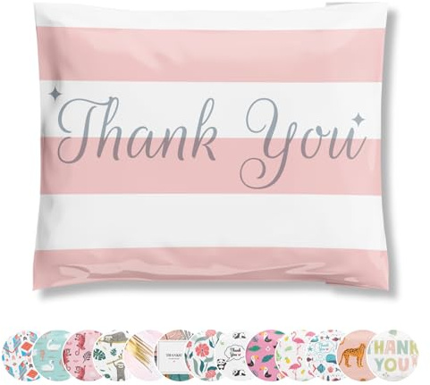 Poly Mailers 12.5x15 50 Pack | Self-Sealing Shipping Bags Envelopes for Small Business | Waterproof Durable Packaging | Thank You | Pink Stripes | à la mode Mailers