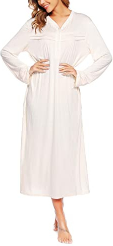 Vlazom Ladies Full Length Nightwear Cotton Long Sleeve Nightie Nightdress Pyjamas , White, XL