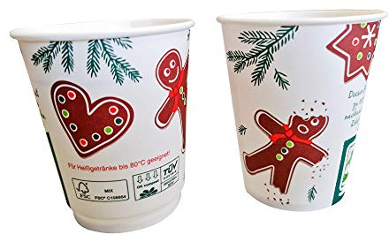 Pro DP 840 Bio Glühweinbecher mit 200ml 0,2l Eichstrich Premium Doppelwand Thermobecher Glühwein to go Becher Weihnachtsmotiv Lebkuchenmann kompostierbar Made in Germany - Inkl. VerpG in D