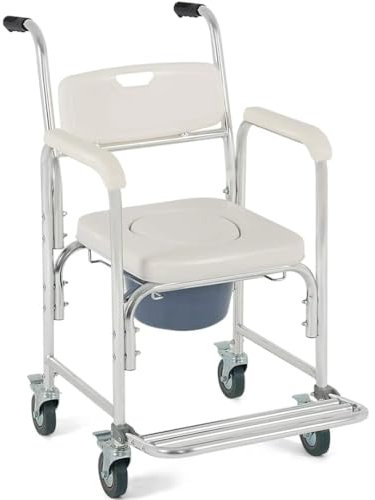 OrtoPrime Toilettenstuhl mit Rollen – 3 in 1 – Toilettenstuhl für Senioren – Klappbarer Toilettenstuhl – Duschtoilettenrollstuhl – Höhenverstellbarer WC Stuhl – Mobiler Toilettenstuhl