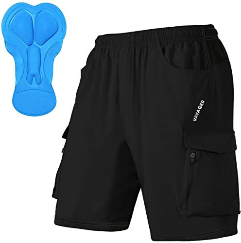 VAYAGER MTB Hose Herren Kurz Radhose, 3D Gepolstert Fahrradhose Mountainbike Fahrrad Shorts für Herren, Schnelltrocknende Outdoor Radlerhose MTB Bike Shorts(Black-L)