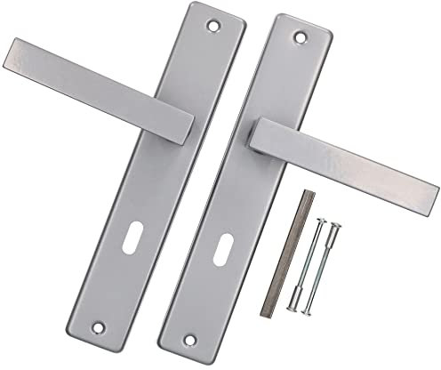 KOTARBAU® Juego de manillas para puerta, Manilla con bocallave 72 mm, Manijas de puerta de acero inox, 2 Manetas de placa larga, Palancas cuadradas, Picaportes plateados, Interior y exterior
