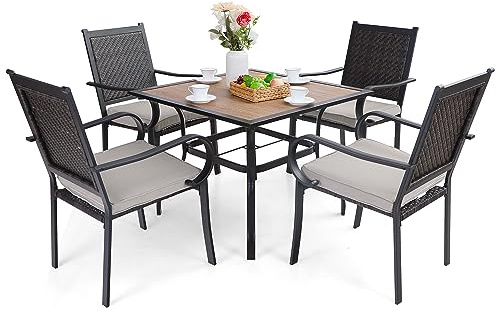 MFSTUDIO Garden Table and Chairs Set 5 Piece, Garden Furniture Sets, 4 4 Rattan Chairs with Cushions and 37 * 37inch Metal Dining Table with Sunshade Hole(1.57 Umbrella Hole)
