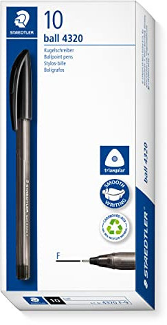 STAEDTLER dreikant stick Kugelschreiber, Schreibfarbe schwarz, Linienbreite F ca. 0,7 mm, für entspanntes Schreiben, 10 schwarze Kugelschreiber im Kartonetui, 4320 F-9