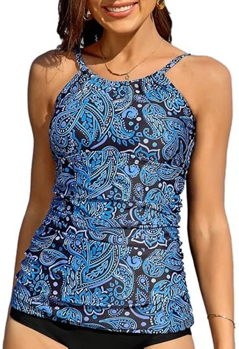 Charmo Women's Tankinis Top High Neck Swimsuit Top Ruched Slim Fit Bathing Suit Top UPF50+ Blue Paisley L