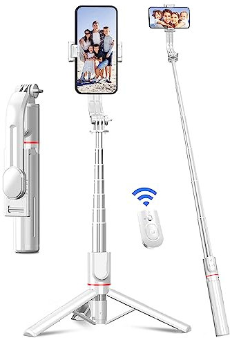 Palo Selfie Trípode, 106cm Trípode Estable Reforzadode de Aleación de Aluminio, Extensible Selfie Stick Móvil con Control Remoto Desmontable Compatible con iPhone/Samsung/Huawei, etc. (Blanco)