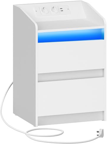 Hzuaneri Nachttische mit LED-Lichtern, Ladestation und 2 Schubladen, Beistelltisch mit USB-Anschlüssen & Steckdosen, Stilvoll und vielseitig, für Wohnzimmer und Schlafzimmer, Weiß NS30003X