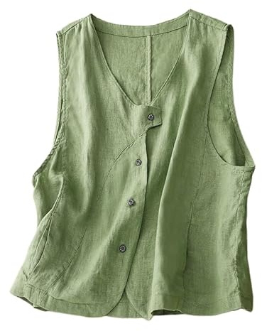 LCDIUDIU Bomulls- och linneväst för kvinnor casual cardigans ärmlös rundhalsad knäppt väst ledig sommarblus formell kontorsväst med fickor