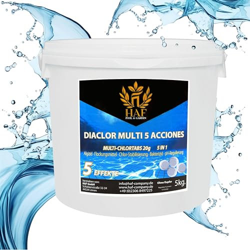 HAF® Pool Chlor Multitabs 5 in 1 | 5 kg | Langsam lösliche 20g Multi Chlortabletten mit 5 Phasen zur Pflege & Reinigung für kristallklares Poolwasser - Qualität: Made in Europe - Menge: 1 x 5 kg