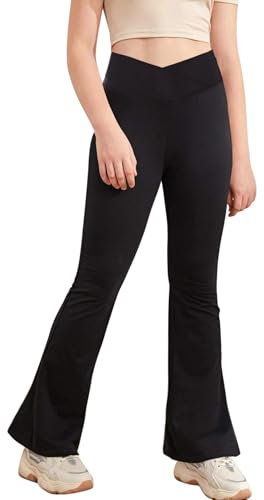 Haloumoning Mädchen Leggings Schlaghosen V Crossover Flared Yogahose Schlag Sporthose Kinder Ausgestellte Hosen für Yoga, Tanz, Laufen Schwarz 11-12 Jahre