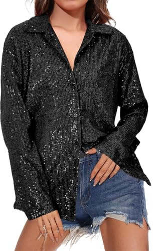 Oyuchga Glitterblus damer, stora storlekar, , långärmad skjorta, ledig ledig ledig lös V-ringning, långärmad skjorta, paljetter, skjorta, elegant, festlig, långtröja, toppar med knappar, En svart