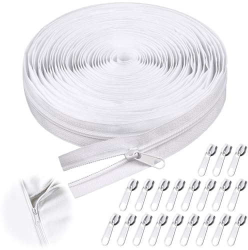 KILDOWS Cremalleras por Metros, 10M Cremallera Continua Blanco Cremalleras de Nailon Cortable con 20 Tiradores Metálicos para Coser Manualidades Costura Bolsos Ropa de Cama Mochilas Escolares