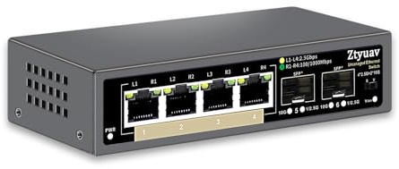 Ztyuav Commutateur Ethernet 2,5 G non géré à 6 ports avec 4 ports RJ-45 Base-T 2,5 G, 2 ports SFP + 10 G, vitesse de négociation automatique 100/1000/2500 Mbps, VLAN à une touche, Plug & Play, sans