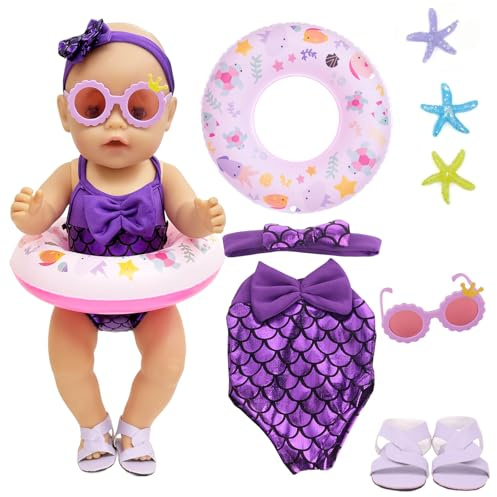 8 st Babydockkläder 35-45 cm Simmande Babydocka, Lila Sjöjungfrudocka Baddräktsset med Simmande Dockkläder, Simmring, Solglasögon, Skor, Sjöstjärna för 35-45 cm Nya Babydockor, Presenter för Barn