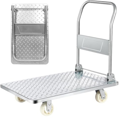 Carrello a piattaforma con ruote. Carriola pieghevole con carico di 400 kg. Carrello con piattaforma manuale, trasporto anticollisione per traslochi, magazzino. Acciaio al titanio.