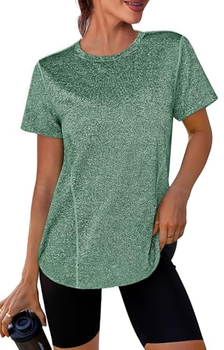 Crewhpo Maglietta Sportiva Donna Traspirante Maglia Palestra Maniche Corte Top Sportivo Fitness Girocollo Magliette Tecniche Asciugatura Rapida T Shirt Trekking per Yoga Tennis Golf Jogging Verde L