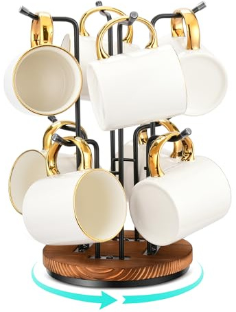 HULISEN 360° Rotating Mug Tree for Large Cups, Counter Coffee Mug Holder with 8 Hooks, Metal Coffee Cup Rack Stand for Countertop with Stable Wooden Base, Kitchen Counter Decor