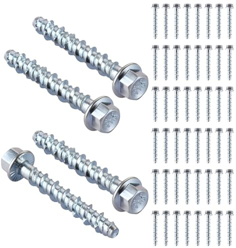DAJAVE Lot de 50 vis à béton à tête hexagonale M6x50 - Vis à béton sans chevilles - Vis à béton galvanisée avec disque - Pour maçonnerie, béton, architecture, industrie
