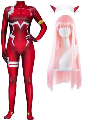 Anime 02 Zero Two Cosplay Costume 02 Tuta Tuta Rosso Battle Suit con Parrucca Set Completo Donna Halloween Abiti