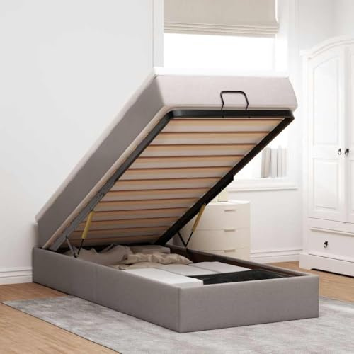 Hoopleep Taupe Ottoman förvaringsbädd med mattress, 100 x 200 cm tyg plattform sängram, uppstoppad med ficka vår mattress & topp, metallstativ bas för sovrum