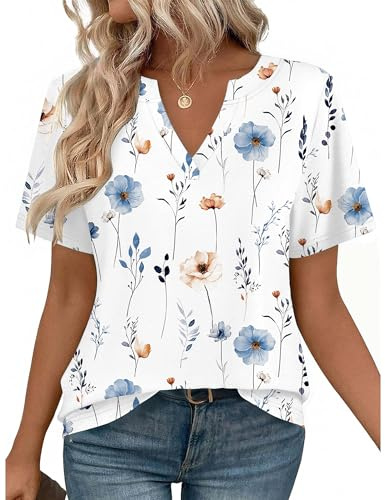 Zeagoo Camiseta Mujer Manga Corta Camiseta Cuello En V Elegante Tops Verano Casual Blusa Camisetas S-3XL