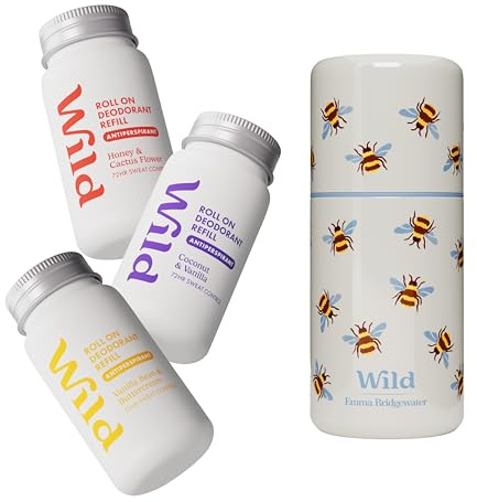Starter pack con deodorante antitraspirante roll-on ricaricabile Wild - 72h di protezione dagli odori - Contenitore Api e ricariche Honey & Cactus Flower, Coconut & Vanilla, Vanilla Bean & Buttercream