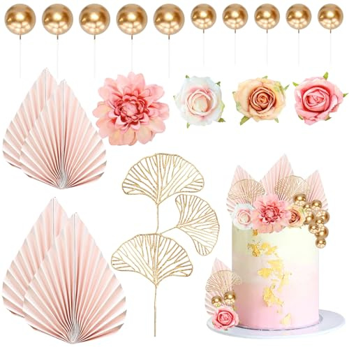 Decoracion Tarta Bohemia 19 Piezas Cake Topper Boho Decoracion Tarta Rosa Topper Tarta Bolas Doradas, Flores, Hojas de Palma para Cumpleaños, Bodas, Bautizos y Aniversarios (Rosa)