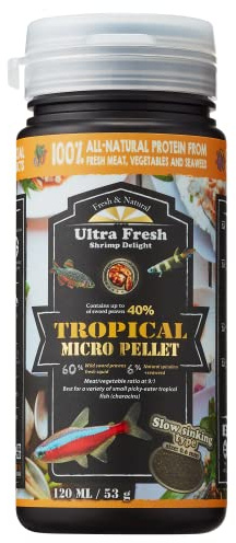 Ultra Fresh Tetra Fish Food, Slow Sinking, All Natural Ingredients, Wild Sword Prawns, Spirulina, Color Enhancement, Small Granules , Tropical Micro Pellet 1.87 oz