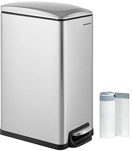 SONGMICS Slim Trash Can, 13-Gallon (50 L) Garbage Can for Narrow Spaces with Soft-Close Lid, Inner Bucket, and Step-on Pedal, Stainless Steel, 15 Trash Bags Included, Silver ULTB510E48