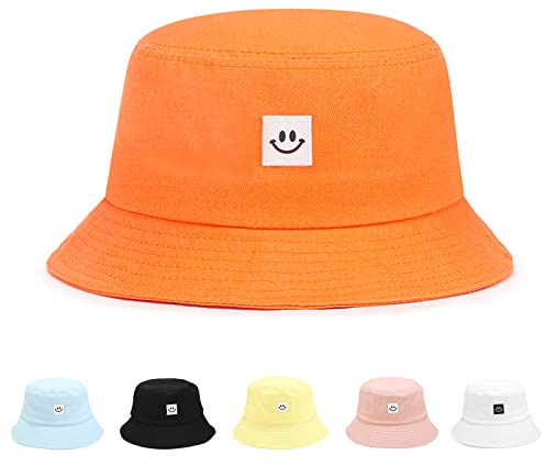 Kids Sun Hat Smile Face Bucket Hat for Girls Boys Summer Sun Protection Cotton Unisex Beach Cap (2-7Year, Orange)